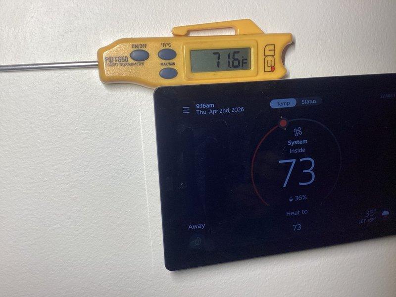 Completed comprehensive HVAC maintenance service including air filter replacement and zone system evaluation. Replaced heavily soiled pleated air filter that showed significant dust accumulation and uneven debris distribution throughout the media. Performed temperature diagnostics using precision instrumentation, recording ambient temperature of 71.5°F and verifying thermostat operation at 73°F setpoint in cooling mode. Assessed zone control system performance in response to reported temperature inconsistencies across multiple rooms, confirming system operation and thermostat communication.