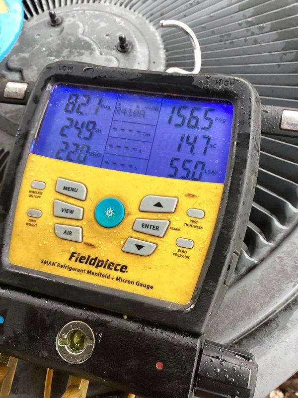 Completed comprehensive AC tune-up and preventative maintenance on 11-year-old Goodman system. Performed refrigerant pressure and temperature diagnostics using manifold gauges, verified system operating parameters within manufacturer specifications, and inspected condenser unit components. System tested and confirmed operational with all readings normal.