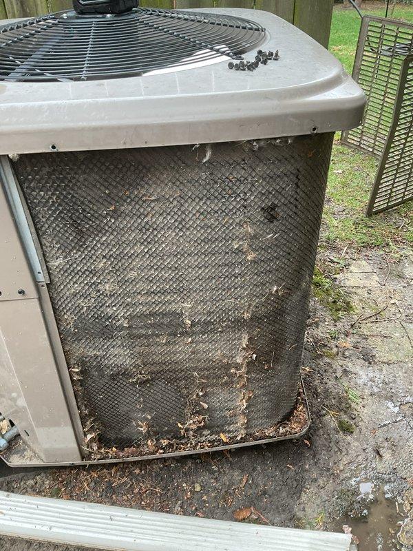 Completed annual air conditioning maintenance on outdoor condensing unit. Upon arrival, found condenser coil heavily soiled with accumulated dirt, leaves, and organic debris significantly restricting airflow. Removed access panel, cleaned exterior cabinet, removed debris from fan grille, and thoroughly cleaned condenser coil to restore proper airflow and system efficiency. Unit tested and operating within normal parameters upon completion.
