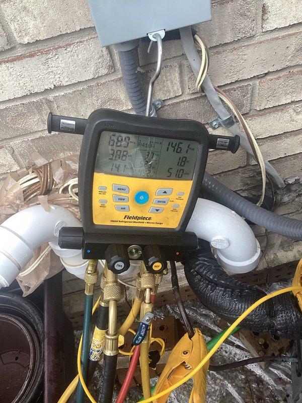 Completed scheduled Air Care Maintenance on residential air conditioning system. Performed diagnostic testing using digital manifold gauges to verify system pressures and temperatures, with all readings within normal operating parameters. Inspected outdoor condenser unit and noted moderate dust and debris accumulation on coil fins, though unit remains structurally sound and operational. All refrigerant connections, electrical components, and system controls functioning properly with no immediate service needs identified.