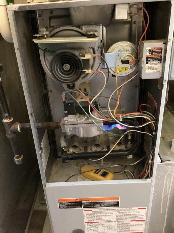 Completed comprehensive annual heating and cooling maintenance on Bryant furnace system. Performed thorough inspection of all internal components including blower motor assembly, gas valve, control board, and electrical connections. Replaced 20x24x1 air filter and conducted diagnostic testing of all mechanical and electrical systems. Verified proper operation of gas valve assembly, checked all wire connections for secure contact, and confirmed blower motor function. All components found to be in good working condition with no visible signs of deterioration or damage. System operating within normal parameters upon completion of maintenance procedures.