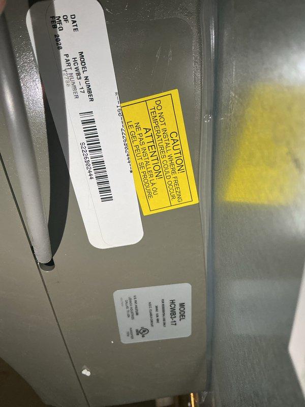 Completed full HVAC system installation including Lennox 70,000 BTU gas furnace (Model CK40CT-30B-71), 2.5-ton air conditioning unit with rear discharge configuration, humidifier, and hot water heater. All mechanical and electrical permits obtained prior to installation, with all equipment properly connected, labeled per manufacturer specifications, and tested for safe operation. Reconnected existing electrical service and verified all safety warning labels and operational decals are clearly visible and properly affixed to equipment.