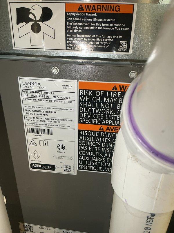Completed full HVAC system installation including Lennox 70,000 BTU gas furnace (Model CK40CT-30B-71), 2.5-ton air conditioning unit with rear discharge configuration, humidifier, and hot water heater. All mechanical and electrical permits obtained prior to installation, with all equipment properly connected, labeled per manufacturer specifications, and tested for safe operation. Reconnected existing electrical service and verified all safety warning labels and operational decals are clearly visible and properly affixed to equipment.