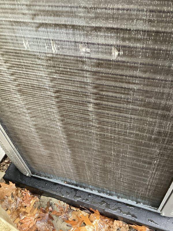 Completed annual comprehensive maintenance on residential HVAC system. Inspected outdoor condenser unit, noting significant debris accumulation on coil fins and surrounding area with leaves and dirt buildup from seasonal exposure. Replaced furnace filter as scheduled. Documented equipment condition through photos showing condenser coil surface with weathering, dust accumulation, and white streaking on fins, as well as overall unit exterior showing signs of normal outdoor wear. Unit operational at time of service completion.