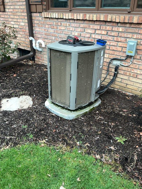 Completed scheduled air conditioning maintenance on outdoor condenser unit. Performed system diagnostics using refrigerant manifold gauge set to verify operating pressures and temperatures across the system. Unit found to be operating within normal parameters. Cleaned condenser coil and inspected electrical connections at disconnect box. Noted filter and evaporator pad will require replacement at next service interval.