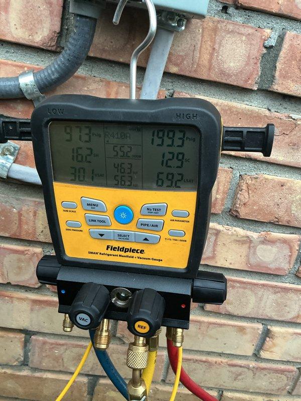Completed scheduled air conditioning maintenance on outdoor condenser unit. Performed system diagnostics using refrigerant manifold gauge set to verify operating pressures and temperatures across the system. Unit found to be operating within normal parameters. Cleaned condenser coil and inspected electrical connections at disconnect box. Noted filter and evaporator pad will require replacement at next service interval.