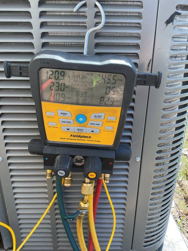 Completed annual cooling maintenance on residential AC condenser unit. Inspected and cleaned heavily soiled evaporator coil showing significant dirt and debris accumulation, performed system diagnostics using manifold gauges to verify refrigerant pressures and temperatures within manufacturer specifications, and documented all readings for service records.