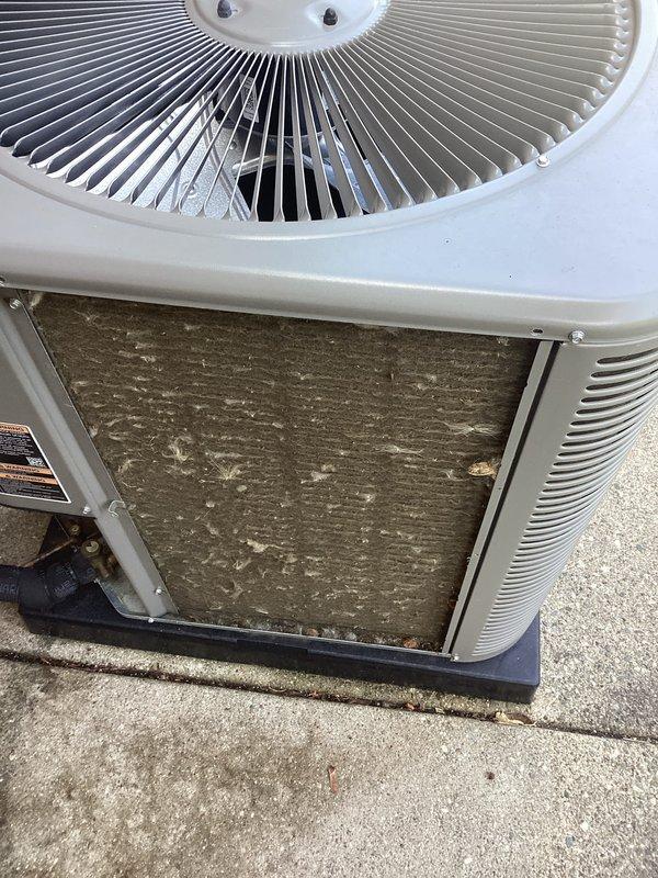 Completed comprehensive Air Care Heating and Cooling maintenance service on residential HVAC system. Performed thorough inspection of outdoor condensing unit, documenting significant filter contamination and debris accumulation restricting airflow, and examined internal components including blower motor assembly, gas valve, burner assembly, and refrigerant lines to ensure proper system operation.