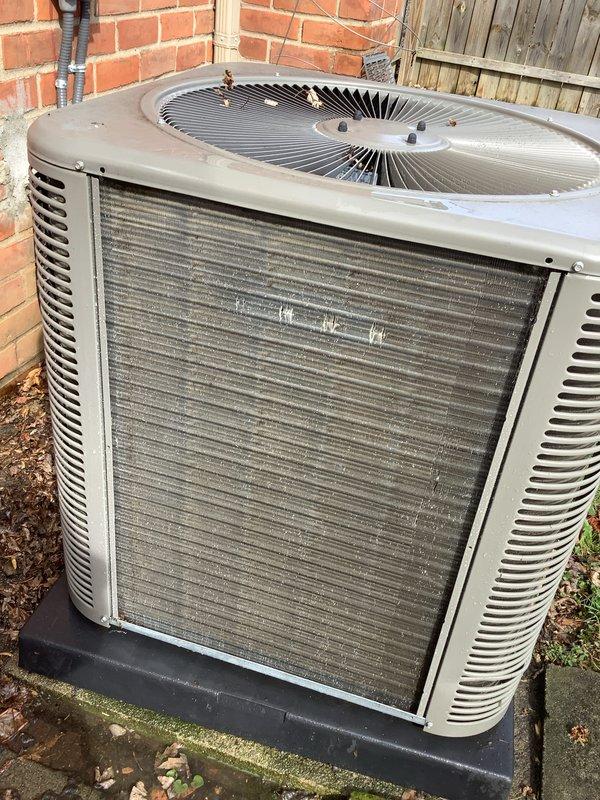 Completed comprehensive Air Care Heating and Cooling recurring maintenance service. Performed routine inspection of outdoor condenser unit, verifying proper operation of fan assembly and heat exchanger coil system. Replaced heavily soiled air filter with new filter, removing accumulated dust and debris to restore proper airflow and system efficiency.