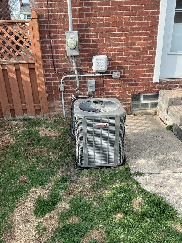 Completed full HVAC system installation including 70,000 BTU furnace and 2-ton air conditioning unit with rear discharge configuration. Obtained mechanical and electrical permits, installed Lennox condenser unit on exterior concrete pad with proper electrical disconnect and conduit connections, and reconnected all system components. Verified system operation with diagnostic measurements showing proper refrigerant charge and airflow parameters.