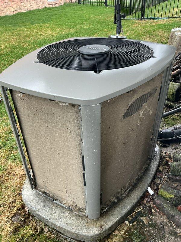 Completed scheduled maintenance on two residential air conditioning condenser units. Performed comprehensive inspection of both outdoor units, which showed significant weathering and exterior discoloration consistent with extended outdoor exposure. Verified operational status of fan assemblies, inspected refrigerant line connections, and assessed overall system condition. Both units were found to be structurally intact and functioning properly despite cosmetic weathering on exterior panels and concrete pads showing accumulated debris and algae growth.