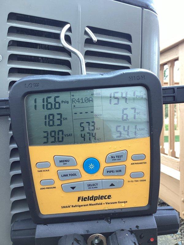 Completed scheduled maintenance on residential air conditioning system. Upon arrival, noted outdoor condenser unit showed significant accumulation of dirt and debris on coil fins, which was restricting airflow. Performed thorough inspection of equipment, connected refrigerant manifold gauges to measure system pressures and temperatures. Recorded operating pressures of 116.6 PSIG with superheat and subcooling readings to verify proper refrigerant charge and system performance. All measurements indicated unit was operating within manufacturer specifications following maintenance procedures.