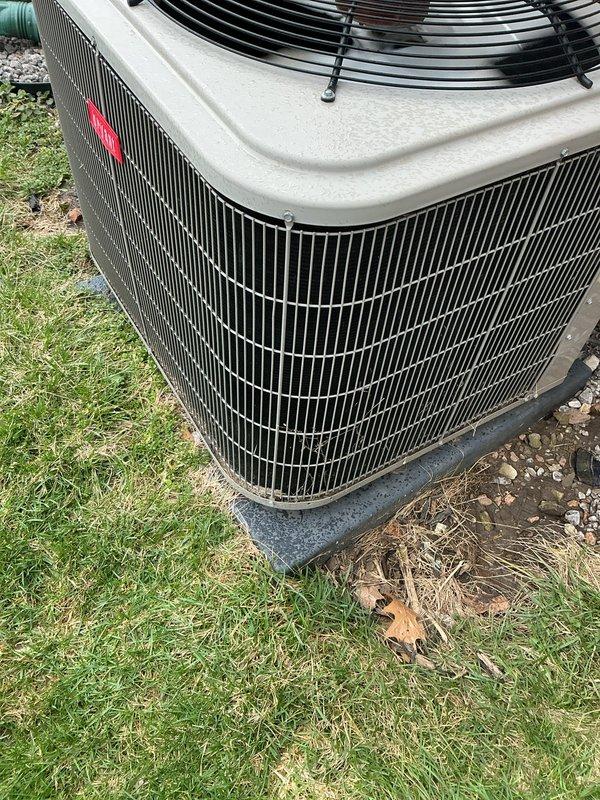 Completed scheduled Air Care Heating and Cooling maintenance on residential HVAC system. Inspected outdoor condensing unit, which showed good overall condition with clean coils and properly functioning fan assembly. Noted active rust formation on mechanical fasteners at refrigerant line connections requiring monitoring for future service needs.