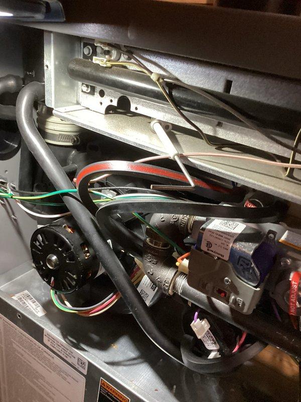 Completed annual HVAC maintenance on Lennox furnace system. Inspected blower motor, belt drive assembly, gas valve connections, and heat exchanger components; all found in operational condition. Humidifier pads require replacement and customer has been notified of this maintenance need.