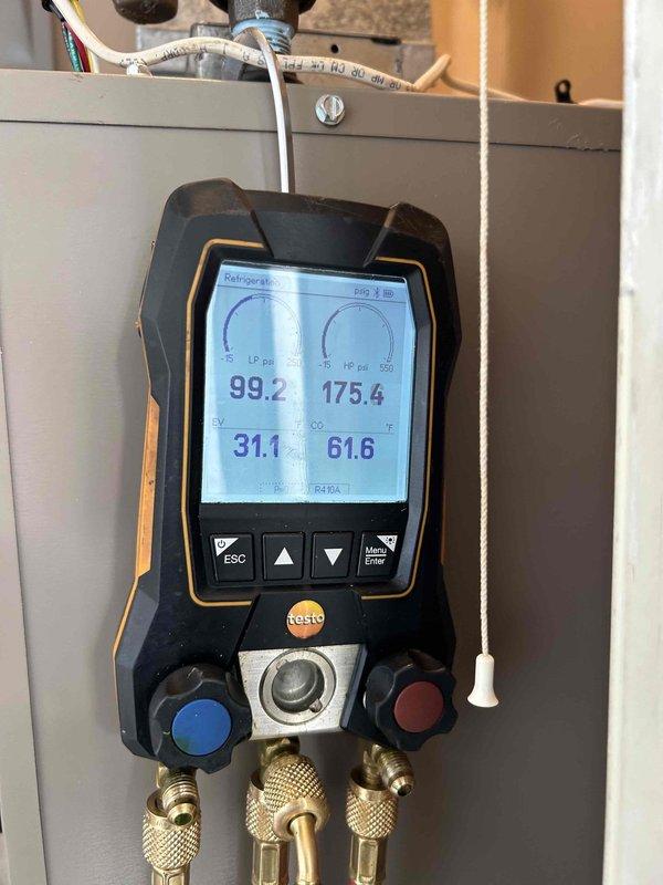 Completed residential air conditioning maintenance (ACM) renewal service. Performed system diagnostics using digital refrigeration manifold gauge, recording refrigerant pressures and temperatures across the system. Measured supply air temperature at 37.5°F, confirming proper cooling operation and system performance within manufacturer specifications.