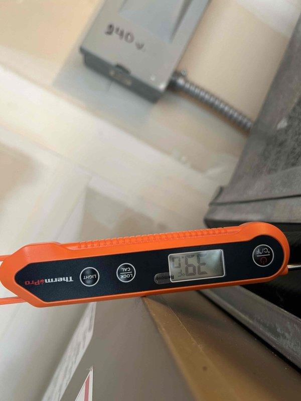 Completed residential air conditioning maintenance (ACM) renewal service. Performed system diagnostics using digital refrigeration manifold gauge, recording refrigerant pressures and temperatures across the system. Measured supply air temperature at 37.5°F, confirming proper cooling operation and system performance within manufacturer specifications.