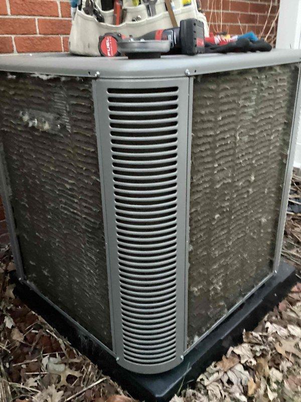 Completed comprehensive Air Care Heating and Cooling maintenance inspection on residential HVAC system. Performed thorough examination of outdoor condenser unit, noting significant dirt and debris accumulation on exterior louvers and panels requiring attention. Accessed indoor air handler unit, inspected blower motor assembly, electrical connections, and internal components to verify proper operation. Replaced air filter as part of routine preventative maintenance protocol. All system components found to be functioning within normal parameters upon completion of service visit.