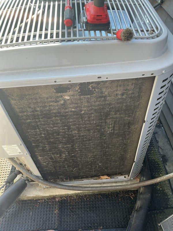 Performed scheduled maintenance on three outdoor air conditioning condenser units and furnace system. Conducted thorough inspection revealing heavy accumulation of dirt, dust, and debris on condenser coils and filter surfaces. Cleaned condenser coils using appropriate brushing techniques and tools to restore proper airflow and heat transfer efficiency. Replaced air filters and evaporator pads as specified. All three RAC units were serviced and returned to optimal operating condition.