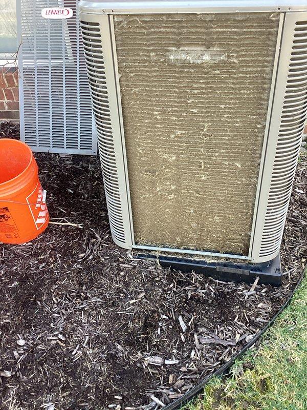 Completed annual maintenance on dual Lennox outdoor condenser units. Removed and cleaned heavily soiled air filter panels that had significant dust and debris accumulation affecting airflow. Performed standard ACM inspection procedures, removed access panels for internal component access, and conducted necessary maintenance tasks. Both units were serviced and restored to proper operating condition.