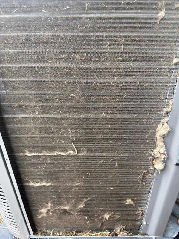 Performed routine air conditioning maintenance visit on split system. Upon inspection, found evaporator coil heavily contaminated with accumulated dust, dirt, and debris significantly restricting airflow through fins. Thoroughly cleaned evaporator coil to restore proper heat transfer efficiency. Inspected outdoor condenser unit and cleared surrounding area of leaves and organic debris. Verified unit operation and airflow upon completion of maintenance procedures.