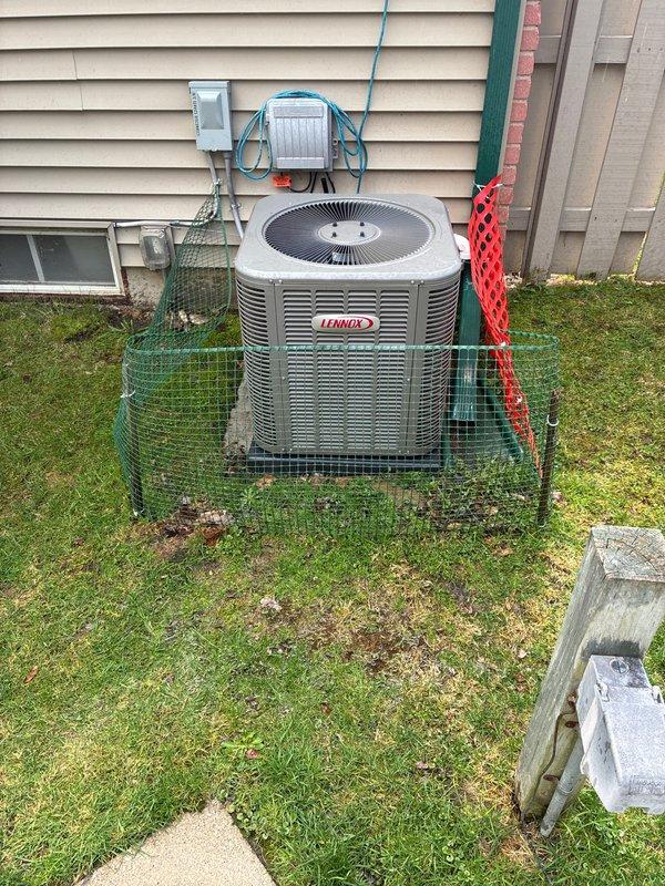Completed comprehensive preventative maintenance on 5-year-old Lennox air conditioning system and forced air furnace per routine service request. Performed full AC tune-up including inspection of outdoor condenser unit, verified proper operation of fan motor and compressor, checked refrigerant levels, cleaned condenser coils, and inspected electrical connections. Accessed indoor furnace unit, inspected all internal components including blower assembly, heat exchanger, gas valve, and control board wiring. Verified all safety controls functioning properly, tested ignition system, and confirmed proper airflow throughout system. Both heating and cooling systems operating within manufacturer specifications with no deficiencies noted. All access panels secured and work area left clean upon completion.