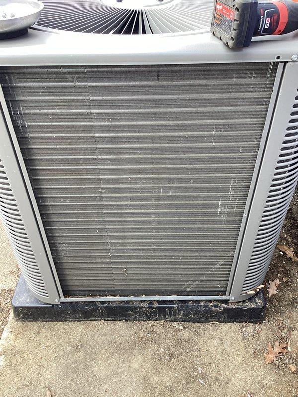 # HVAC Maintenance - ACM

Performed scheduled preventive maintenance on residential air conditioning system. Completed comprehensive inspection of outdoor condenser unit, including examination of heat exchanger coil fins which showed moderate accumulation of dirt, dust, and environmental debris. Changed air filter per customer request during maintenance visit. Condenser coil fins displayed typical outdoor exposure wear with visible grime buildup between fin spacing, though unit remained operational. Verified proper airflow through heat exchanger and confirmed system functionality. All routine maintenance tasks completed as part of recurring Air Care Cooling service agreement.