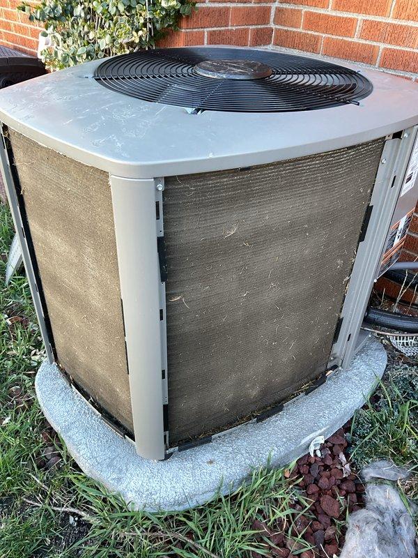 Completed scheduled Air Care Cooling maintenance on residential air conditioning system. Performed comprehensive system diagnostics using refrigerant manifold gauges to verify operating pressures and temperatures across the condensing unit. All refrigerant readings were within manufacturer specifications. Inspected outdoor condenser unit for proper operation, noting accumulated dirt and debris on exterior casing that was documented for customer awareness. Verified fan motor operation and confirmed adequate airflow through top-mounted discharge grille. System operating normally with no immediate service needs identified at time of inspection.