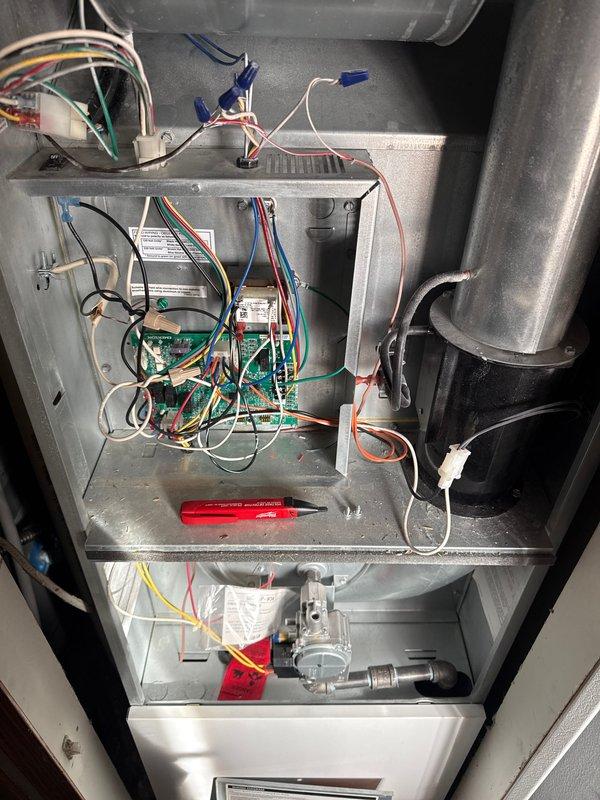 Responded to no-heat emergency call where customer reported sparks from furnace before shutdown. Performed diagnostic inspection of furnace unit, removed access panel and examined internal components including control board, wiring harnesses, and gas valve assembly. Identified potential electrical issue requiring further repair work. Replaced furnace filter and conducted exterior inspection of air conditioning condenser unit as part of recurring Air Care Heating and Cooling maintenance program. Scheduled follow-up appointment for additional repairs to resolve electrical concerns and restore heating system to safe operating condition.