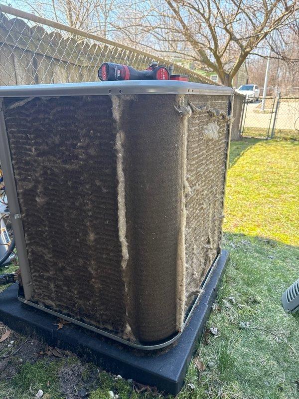 # HVAC Maintenance Service Completed

Performed routine Air Care Maintenance on outdoor condensing unit as part of recurring preventive maintenance program. Unit exterior exhibited heavy accumulation of dirt, dust, and environmental debris on metal fins, panels, and coil surfaces. Cleaned condenser coil and exterior surfaces to remove buildup and restore proper airflow. Inspected unit operation and confirmed system functionality. Customer reminded to replace air filter per maintenance schedule.