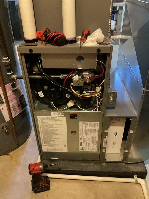 Completed annual heating maintenance on residential furnace system. Performed comprehensive inspection of all internal components including blower motor assembly, electrical connections, gas valve operation, and control board functionality. Replaced air filter and conducted safety checks on venting system, verified proper operation of all mechanical and electrical systems, and confirmed unit is operating within manufacturer specifications.