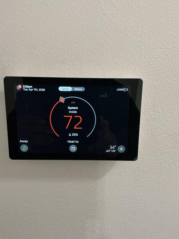 Completed scheduled ACM maintenance on Lennox system, including filter and evaporator pad replacement. Performed electrical diagnostics with multimeter, verifying proper voltage readings across control board and wiring connections. Thermostat operational and displaying correct temperature and humidity levels at time of service completion.