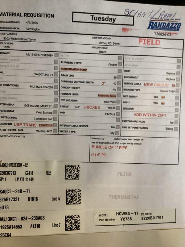 Completed full HVAC system installation including a 70,000 BTU high-efficiency gas furnace (Model ML196UH070XE36BK) and 2-ton air conditioning unit (Model ML13XC1-024-230) with rear discharge configuration in basement utility area. Installation included humidifier integration, ductwork liner, MERV 11 filter media, new thermostat, and reconnection of all electrical and mechanical systems to existing infrastructure. All necessary mechanical and electrical permits were obtained prior to installation, and system was tested for proper operation upon completion.