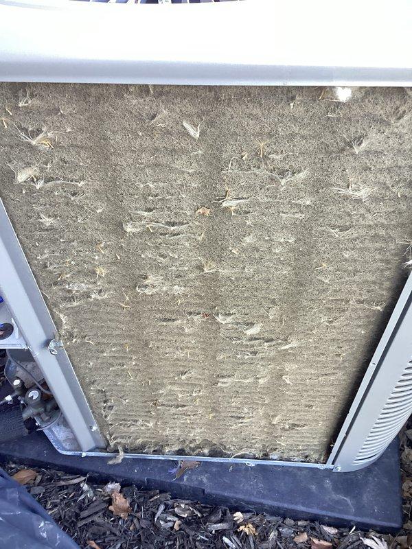 Completed annual HVAC maintenance on air handling unit per customer's requested evening arrival time. Documented heavily soiled air filter with significant dust and debris accumulation requiring replacement, and evaporator coil fins showing substantial dirt buildup affecting airflow efficiency. Performed standard AHC maintenance protocol including system inspection, filter replacement, and coil cleaning to restore proper operation and optimize system performance.