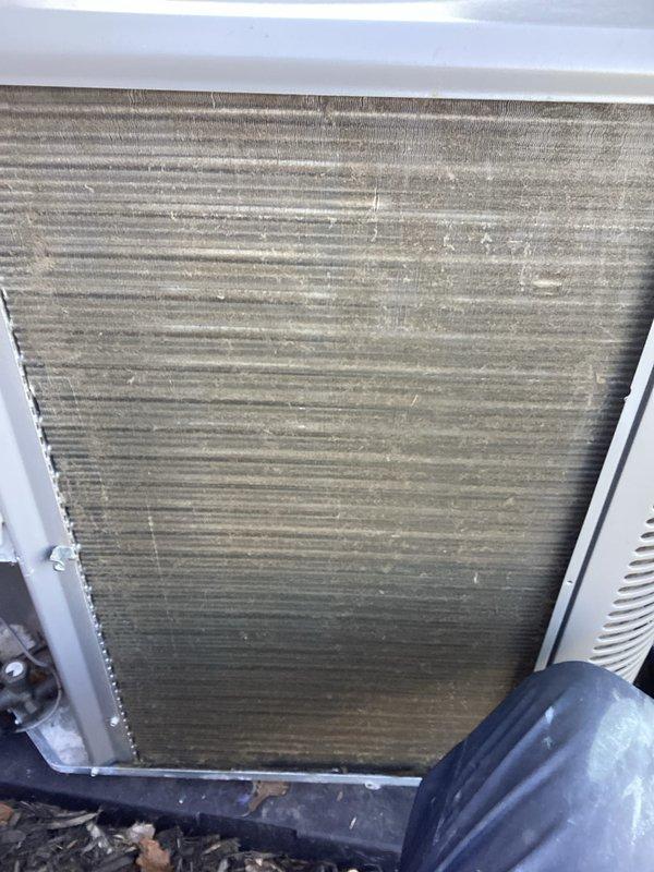 Completed annual HVAC maintenance on air handling unit per customer's requested evening arrival time. Documented heavily soiled air filter with significant dust and debris accumulation requiring replacement, and evaporator coil fins showing substantial dirt buildup affecting airflow efficiency. Performed standard AHC maintenance protocol including system inspection, filter replacement, and coil cleaning to restore proper operation and optimize system performance.