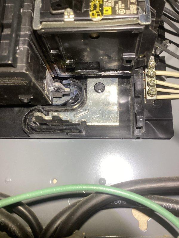 Diagnosed faulty electrical breaker in main breaker panel affecting HVAC system operation. Identified failed 25-amp double-pole double-throw Square D Homeline breaker requiring replacement. Scheduled follow-up service visit to install new breaker and restore proper electrical protection to system.