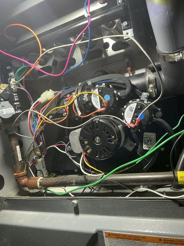 Completed scheduled maintenance on air handling unit. Replaced air filter and evaporator pad as needed. Inspected blower motor assembly, electrical connections, gas valve, and all internal components for proper operation. All systems functioning within normal parameters upon completion.