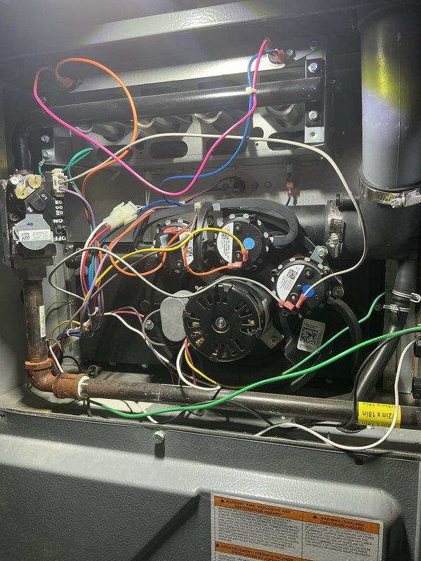 Completed scheduled maintenance on air handling unit. Replaced air filter and evaporator pad as needed. Inspected blower motor assembly, electrical connections, gas valve, and all internal components for proper operation. All systems functioning within normal parameters upon completion.