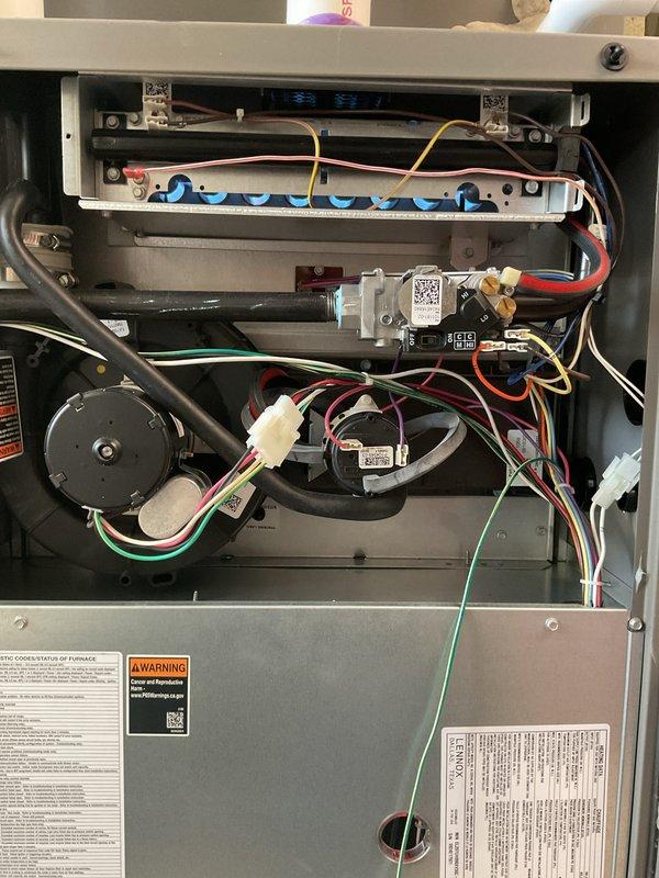 Completed routine maintenance inspection on residential gas furnace system. Accessed unit, inspected internal components including blower motor, gas valve assembly, flame sensor, ignition system, and electrical connections. All wiring harnesses, control modules, and safety devices verified in proper working condition with no visible signs of wear or deterioration. PVC condensate drain and vent piping inspected and confirmed secure. Unit operational and functioning within normal parameters.