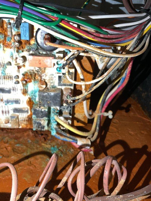 Responded to no heat call on 2018 forced air furnace that failed following flood damage. Upon inspection, found electronic control board with severe water damage and corrosion throughout, rendering unit completely inoperable. Multiple electrical components on circuit board showed extensive rust and oxidation, with moisture intrusion affecting all control circuits and safety systems. Documented extensive damage with photographs for reference. Unit deemed non-functional due to catastrophic water damage to primary control board requiring replacement.