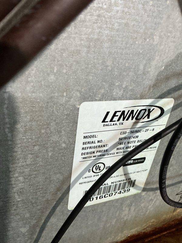 Replaced failed evaporator coil on Lennox HVAC system with new C33-60/60C-2F-6 model unit. System tested and verified operational with proper refrigerant pressures and airflow restored to manufacturer specifications.