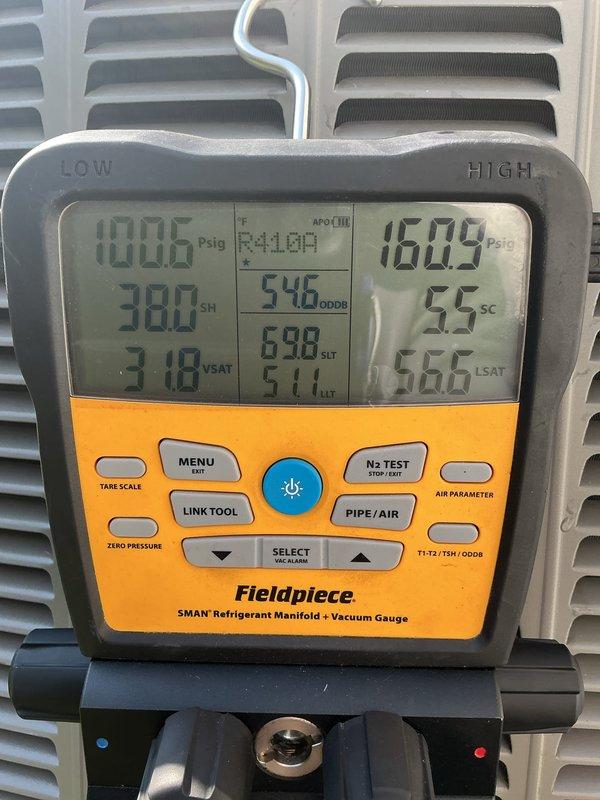 Completed scheduled preventative maintenance on residential split system air conditioning unit. Performed comprehensive system inspection including refrigerant pressure analysis showing 100.6 PSIG on low side and 160.9 PSIG on high side, with superheat at 38.0°F and subcool at 5.5°F. Verified outdoor condenser unit operation, inspected electrical disconnect, and confirmed all components functioning within normal parameters.