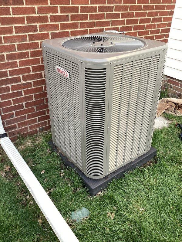 Performed routine Air Care Maintenance on Lennox outdoor condensing unit. Connected manifold gauges to verify refrigerant pressures and system performance, inspected electrical disconnect, and confirmed proper operation of all components. Unit found in good working condition with no issues identified during this preventive maintenance visit.