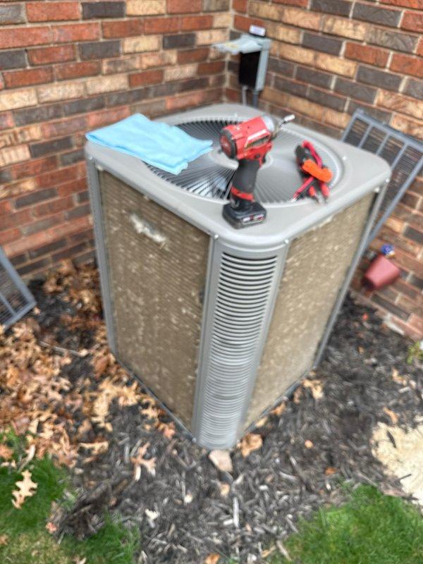 Completed scheduled Air Care Maintenance on residential HVAC system, including inspection and servicing of outdoor condenser unit and replacement of furnace filters. Unit was found in good operating condition with all components functioning properly, and work area was cleared of debris to ensure optimal airflow and system performance.