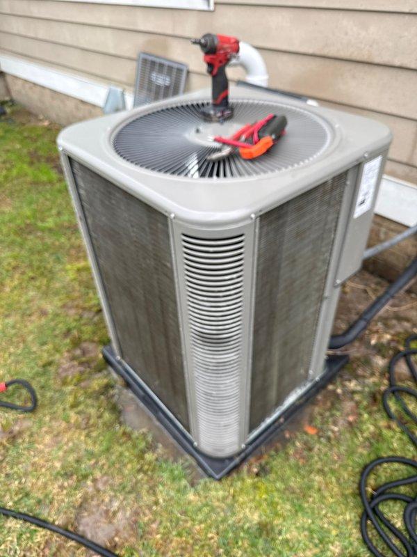 Completed scheduled Air Care Cooling maintenance on residential condensing unit. Performed comprehensive system inspection, cleaned condenser coils, checked refrigerant levels, tested electrical connections, and verified proper operation of all components. Unit operating within normal parameters with no issues identified.