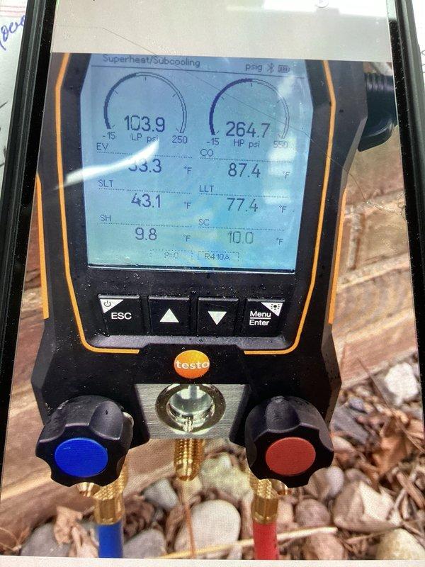 Completed scheduled air conditioning maintenance on residential split system unit. Performed comprehensive inspection with unit access panel removed to evaluate internal components, copper refrigerant lines, electrical connections, and mechanical assemblies. Utilized digital manifold gauge set to measure system pressures and temperatures, recording low-side pressure at 103.9 psi and high-side pressure at 264.7 psi on R410A refrigerant system. Verified superheat at 43.1°F and subcooling at 77.4°F, confirming proper refrigerant charge and system performance within manufacturer specifications. All components operating normally with no deficiencies noted.