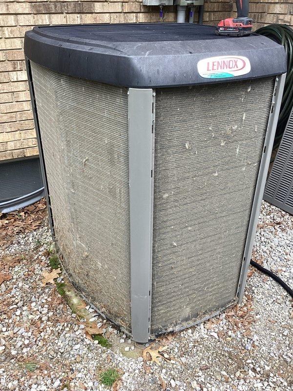 Completed annual cooling maintenance on Lennox air conditioning system. Performed comprehensive inspection of outdoor condensing unit, checked refrigerant pressures and temperatures using manifold gauges with readings showing system operating within normal parameters. Replaced air filter, cleaned condenser coils showing dirt and debris accumulation, and verified all electrical connections. Unit scheduled for return appointment for fall and spring maintenance visits.