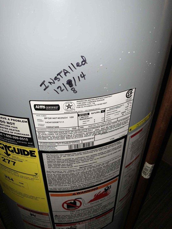 Provided estimate for replacement of non-functioning natural draft standard water heater in condo utility room. Assessed existing unit installed in 2014 with visible wear and confirmed natural draft venting configuration. Documented current plumbing connections including copper supply lines with shutoff valves, pressure relief valve, and existing drain pan setup for replacement specifications.