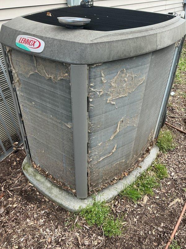 Completed annual cooling maintenance on Lennox air conditioning condenser unit. Inspected outdoor unit which showed significant fin damage, bent louvers, and debris accumulation around base and coil surfaces. Cleaned condenser coils, removed leaves and organic matter from unit base and surrounding area, and replaced air filters per maintenance protocol.