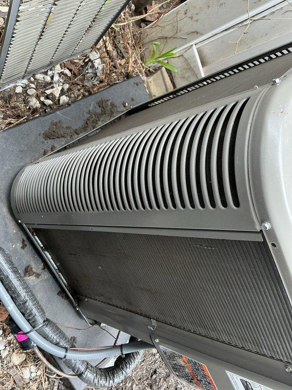 Completed scheduled Air Care Cooling maintenance on outdoor HVAC unit. Replaced air filter and evaporative cooler pad as part of recurring preventive maintenance service. Unit inspected and found in operational condition with normal weathering consistent with outdoor installation.