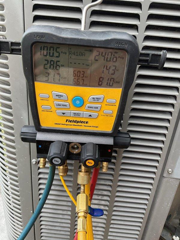 Completed annual cooling maintenance on rooftop package unit. Performed system diagnostics using refrigerant manifold gauges, recording operating pressures, temperatures, superheat, and subcooling values to verify proper refrigerant charge and system performance. Tested capacitor with digital multimeter, confirming electrical specifications within acceptable range. All components operating normally with no deficiencies noted.